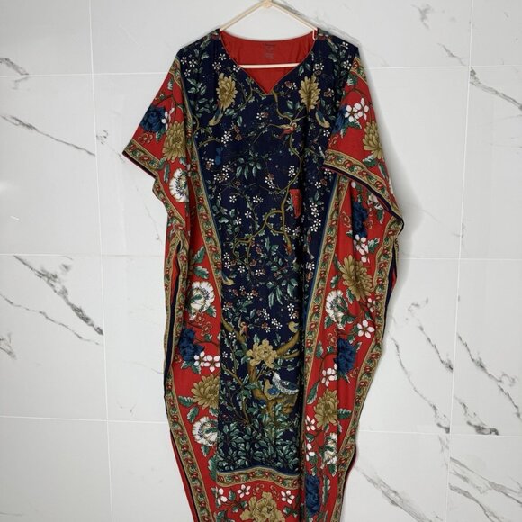 Vintage J Peterman OS Caftan Chinoiserie William Morris Bird Kaftan Dress Cotton - Picture 1 of 10